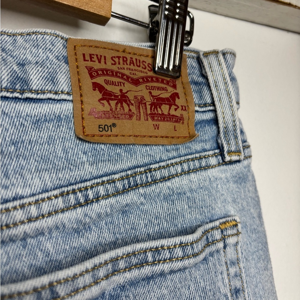 Levi's Premium 501 Light Blue Distressed Denim Shorts - Picture 8 of 9